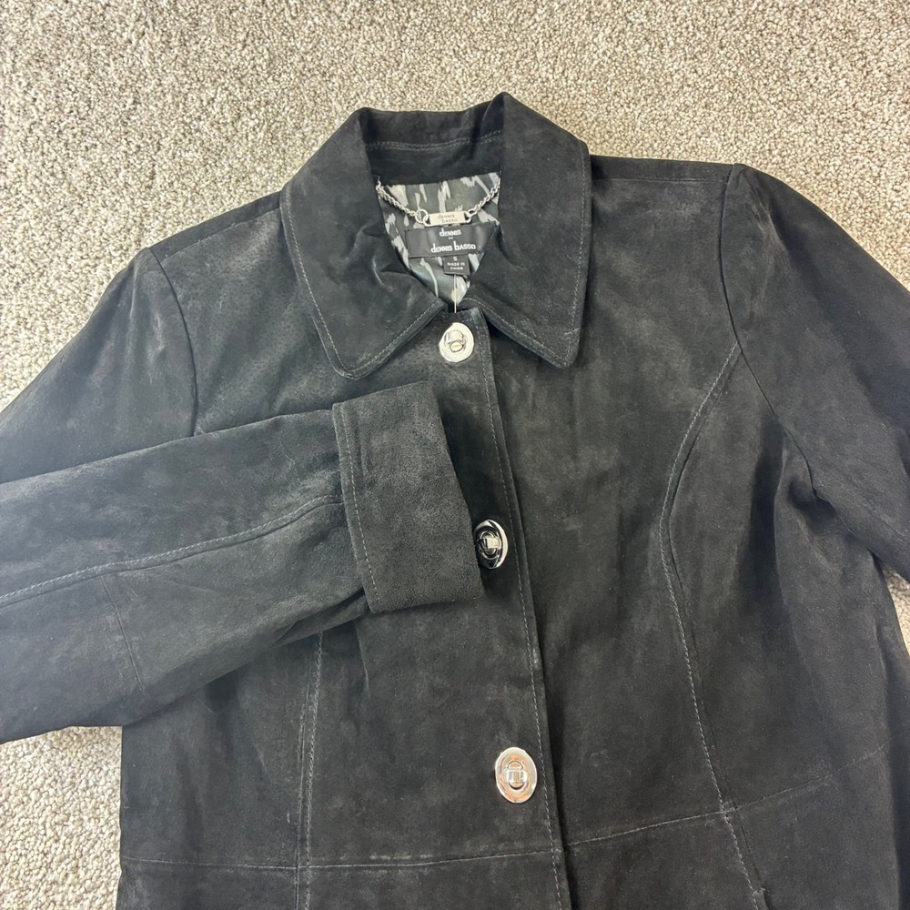 Dennis Basso Black Suede Leather Button Front Jacket Coat Women's Small